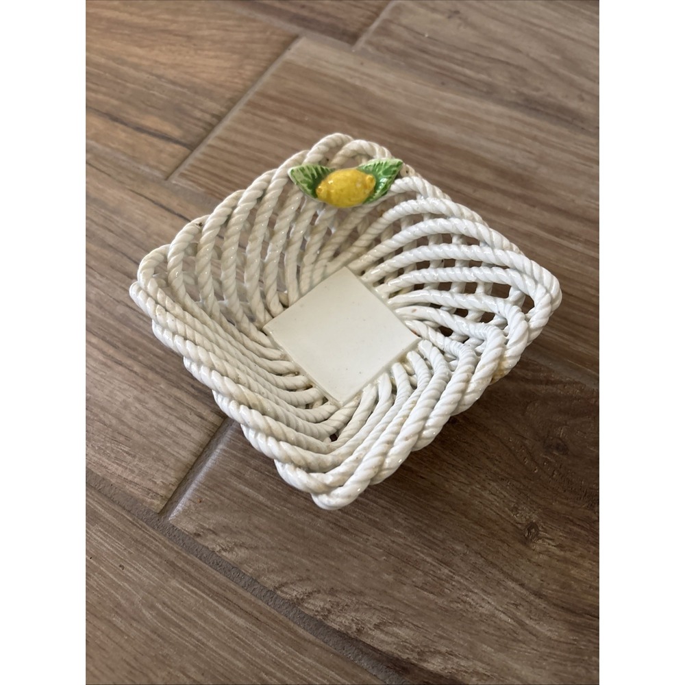 Vintage Lattice Weave Ceramic Dish Basket Weave Made in Spain Capodimonte Style
